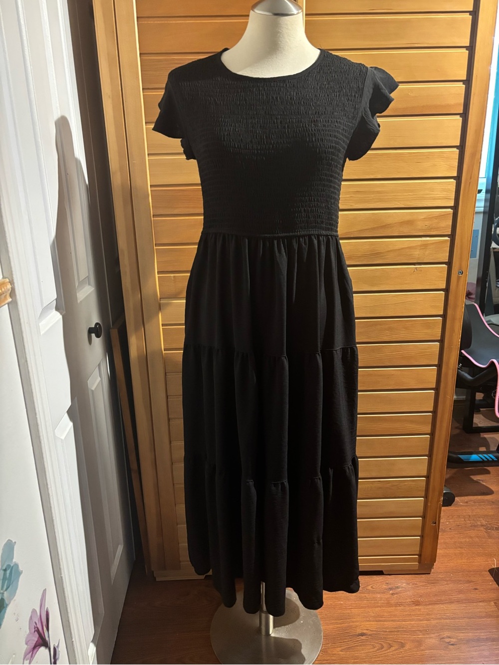 Black Smocked Bodice Tiered Maxi Dress - Women